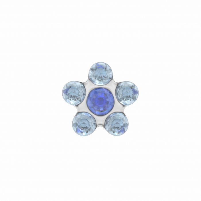 Pendientes de flor en acero azul con piedras brillantes en forma de círculo.