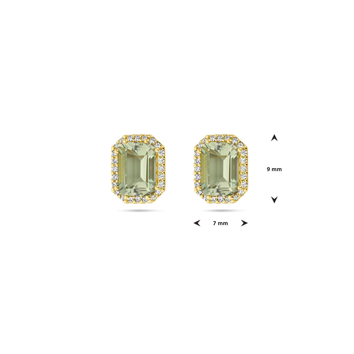 pendientes de botón verde amatista y diamante 0.14ct (2x 0.07ct) h si halo 18K oro amarillo