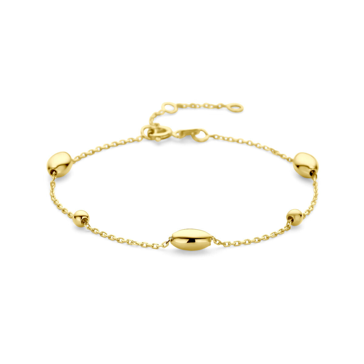 Pulsera de 14K de oro amarillo con ovalos y bolitas, ajustable de 16 a 19 cm.