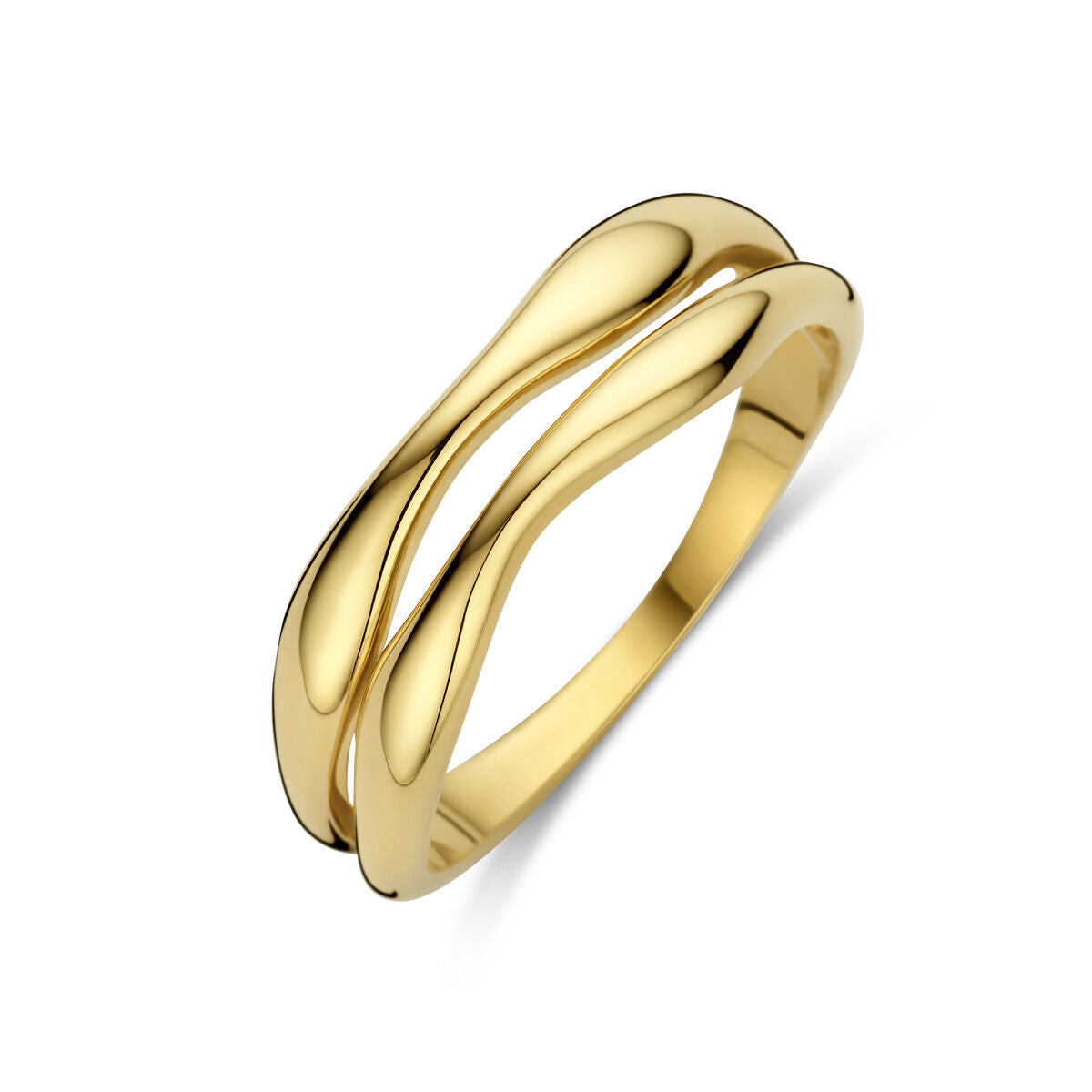 Anillo de oro amarillo de 14 quilates con diseño entrelazado y acabado pulido.