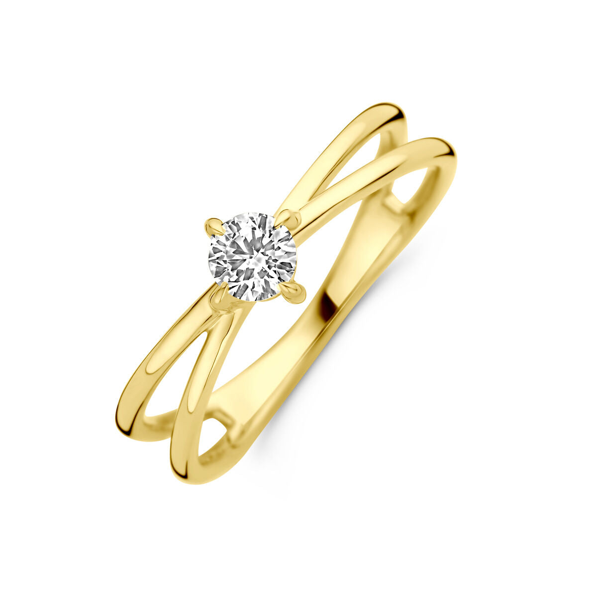 Anillo de oro amarillo de 14K con diamante lab-grown de 0.25 ct, diseño entrelazado.