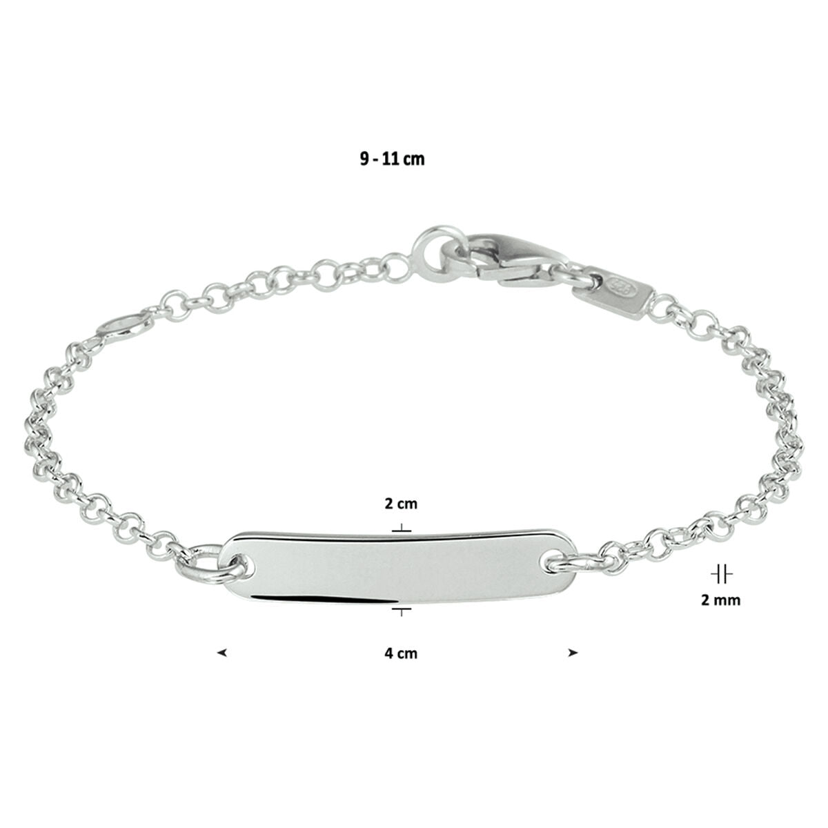 De Van der Kooij Collectie graveerarmband jasseron plaat 4,0 mm zilver gerhodineerd heeft een plaat van 4 cm, verstelbaar in 9-11 cm lengte - perfect als geboortecadeau of persoonlijke graveerarmband voor kinderen.