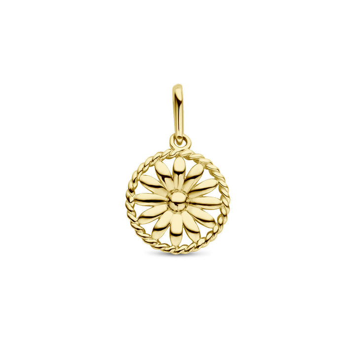 De hanger met geboortebloem 14K geelgoud uit de Van der Kooij Collectie heeft een verhoogd madeliefje in het midden, een gedraaide rand en een oogje om aan een ketting te hangen.