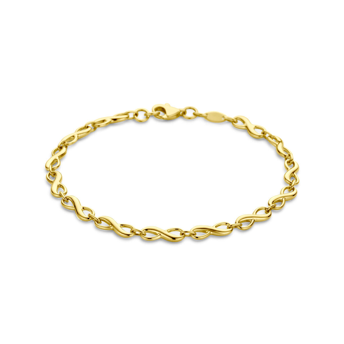 Pulsera dorada de infinito en 14K con eslabones entrelazados.