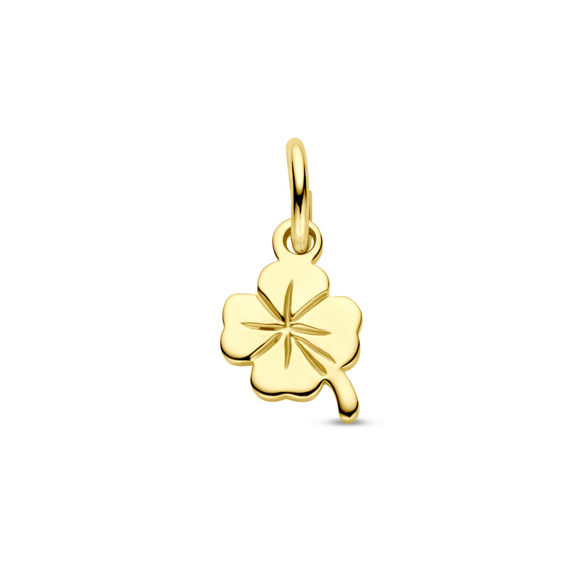 Colgante de trébol en oro amarillo de 9 quilates con un diseño detallado y brillante.