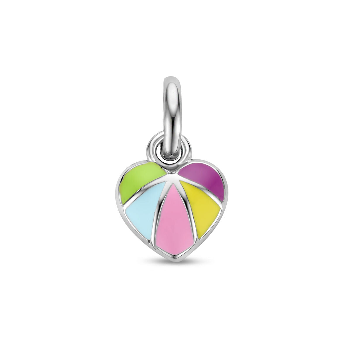 Colgante en forma de corazón de plata rodiada con detalles en colores pastel.