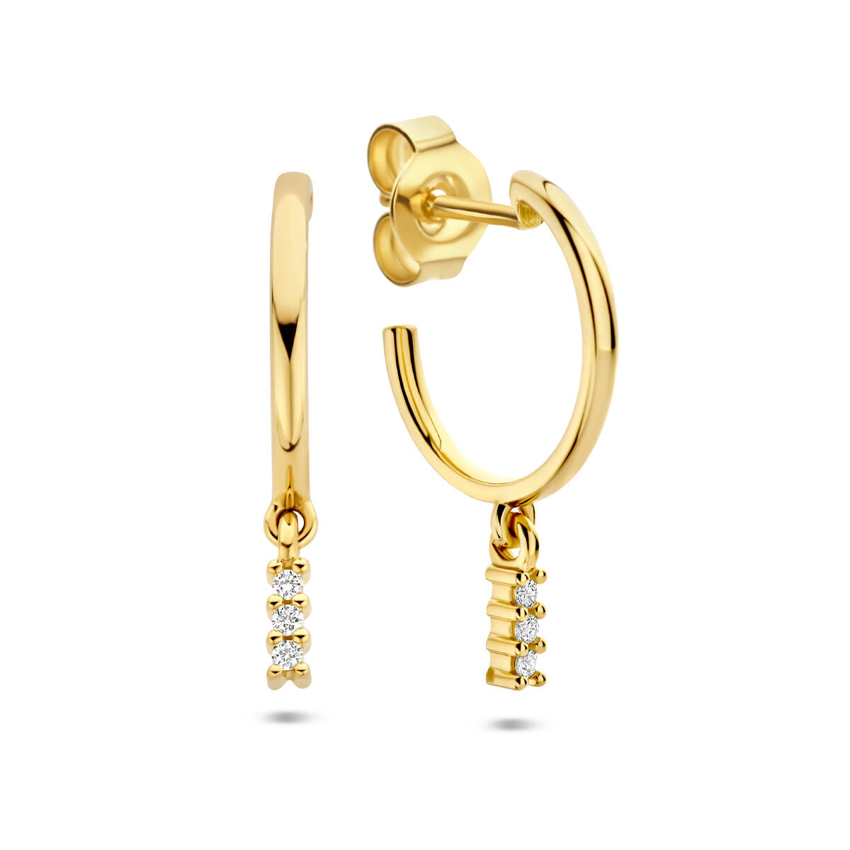 Pendientes de aro de oro amarillo de 14K con diamantes de 0.05 ct (2x0.025 ct) colgando.