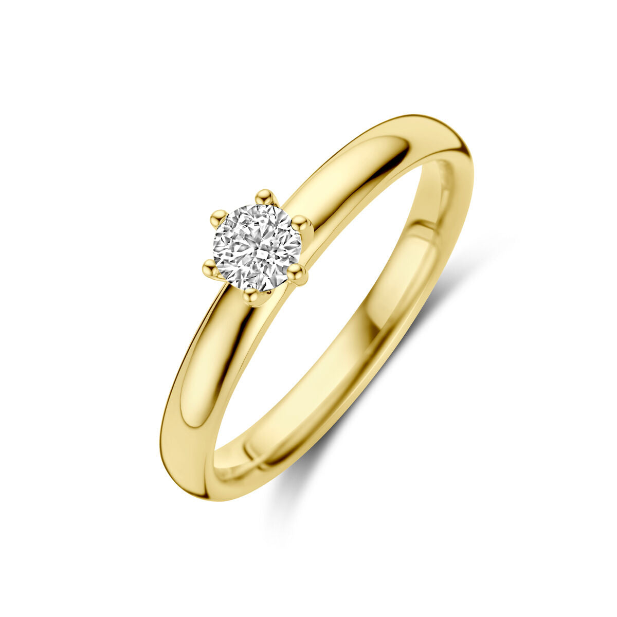 Anillo de compromiso de oro amarillo de 14K con diamante de 0.25 ct en engaste de seis garras.