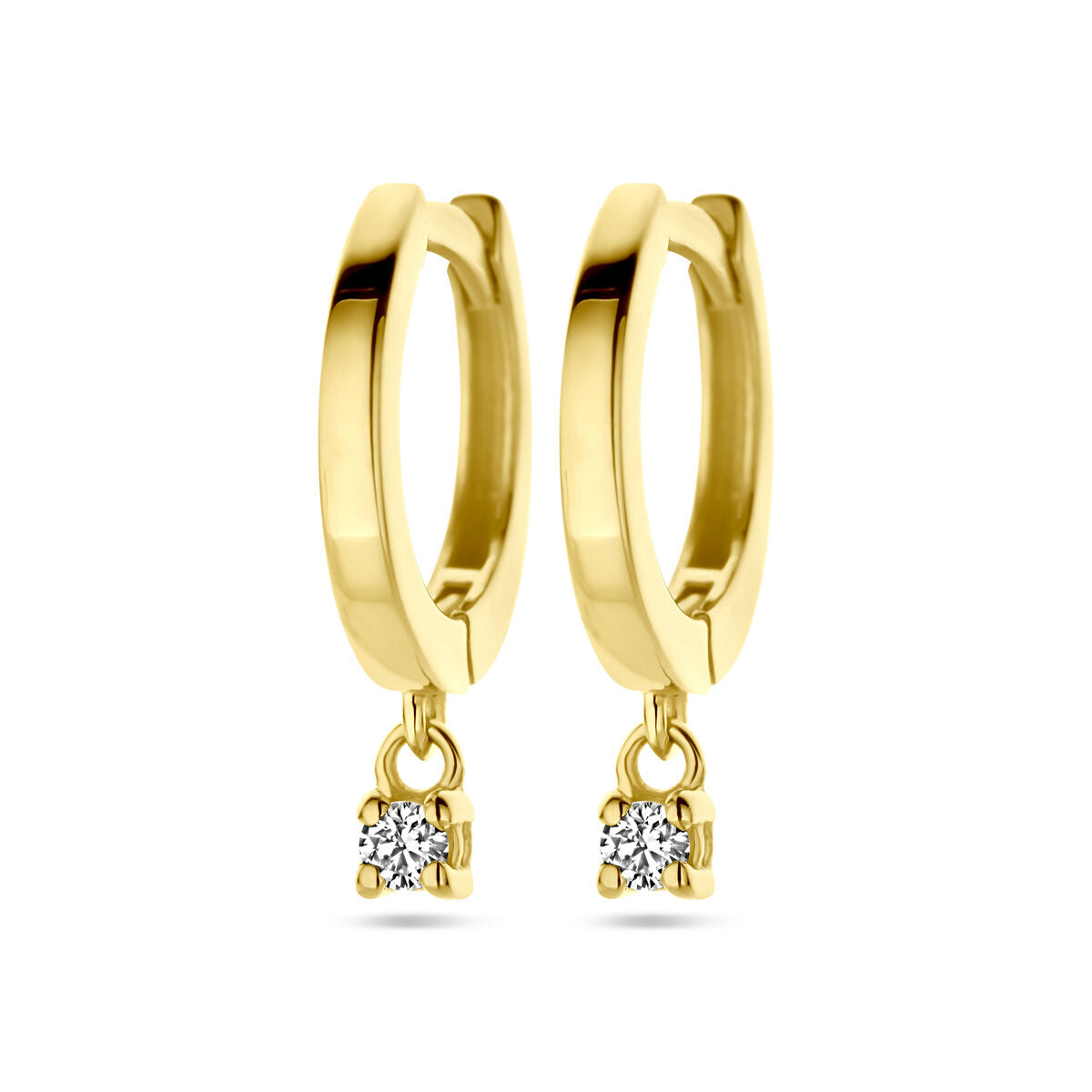 Aros de oro amarillo de 14K con diamantes de 0.06 ct (2x 0.03 ct) y un diseño de 16 mm.