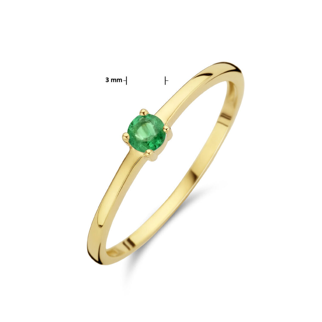 De Van der Kooij Collectie ring met geboortesteen smaragd mei 14K geelgoud is een delicate gouden ring met een 3 mm briljant geslepen smaragd in een vierpoots zetting, perfect voor een minimalistisch ontwerp.