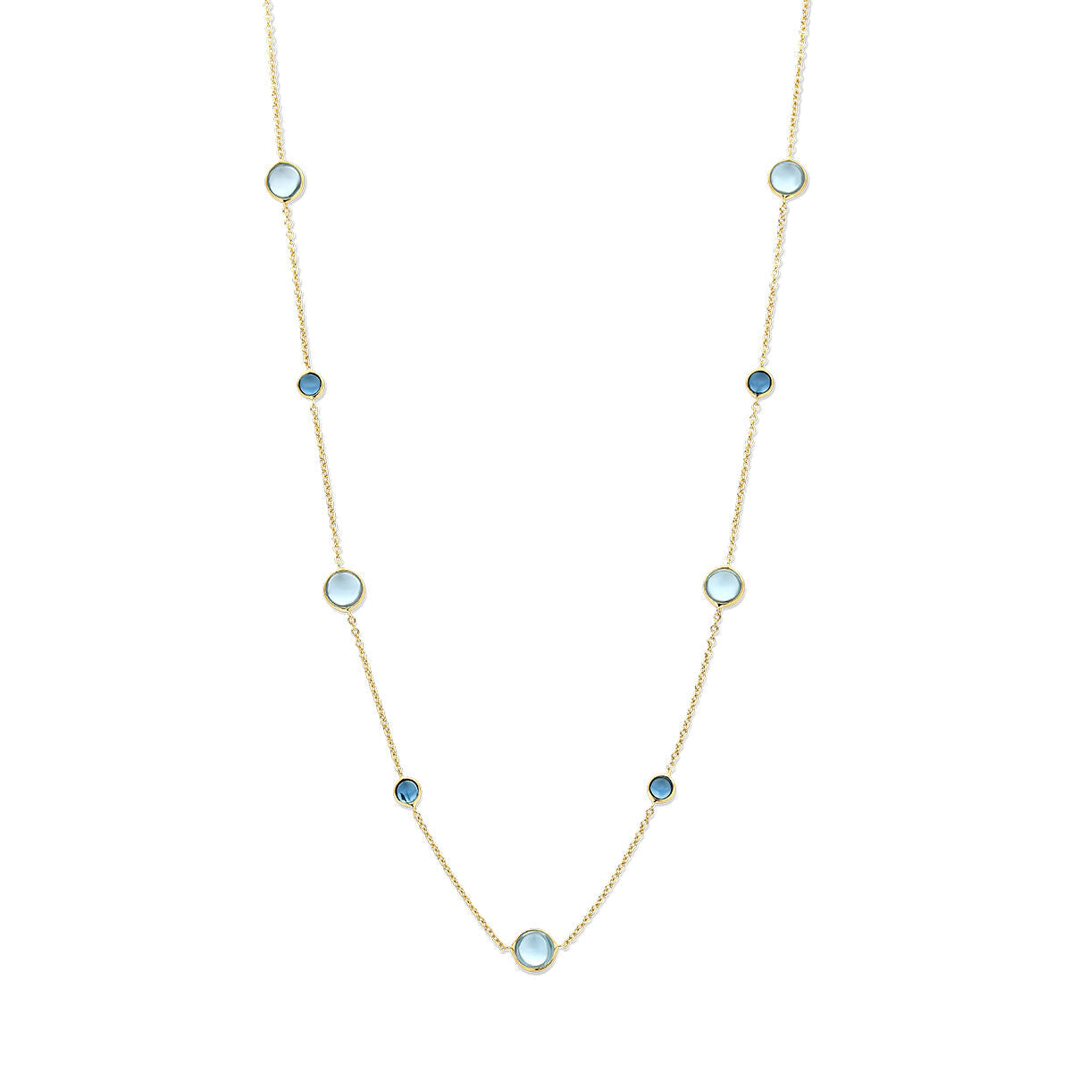 Collar de topacio azul y topacio london blue en oro amarillo de 14K, con piedras en forma redonda.