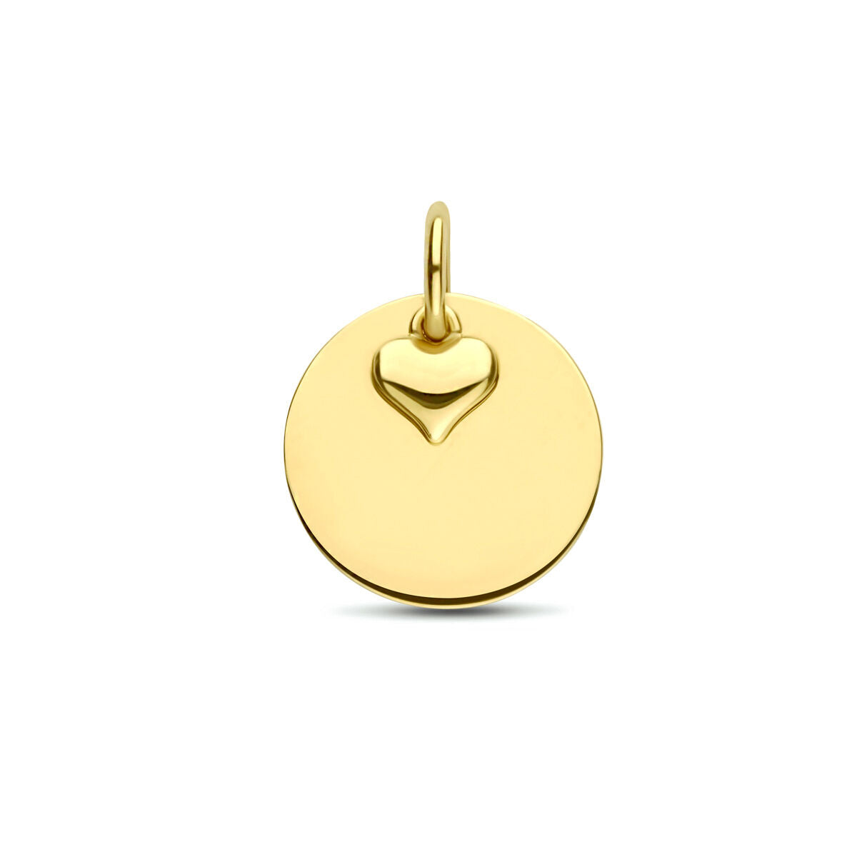 Colgante redondo de oro amarillo de 14K con un pequeño corazón en relieve.