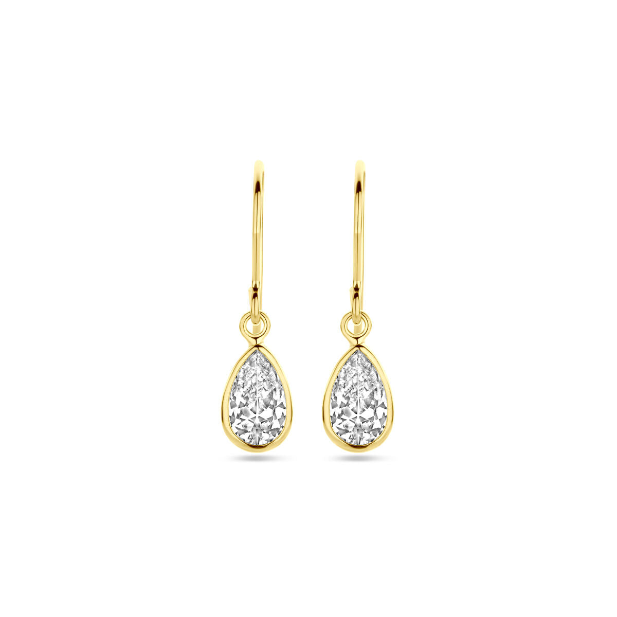Pendientes largos de oro amarillo de 14K con zircón en forma de gota de 23 mm.