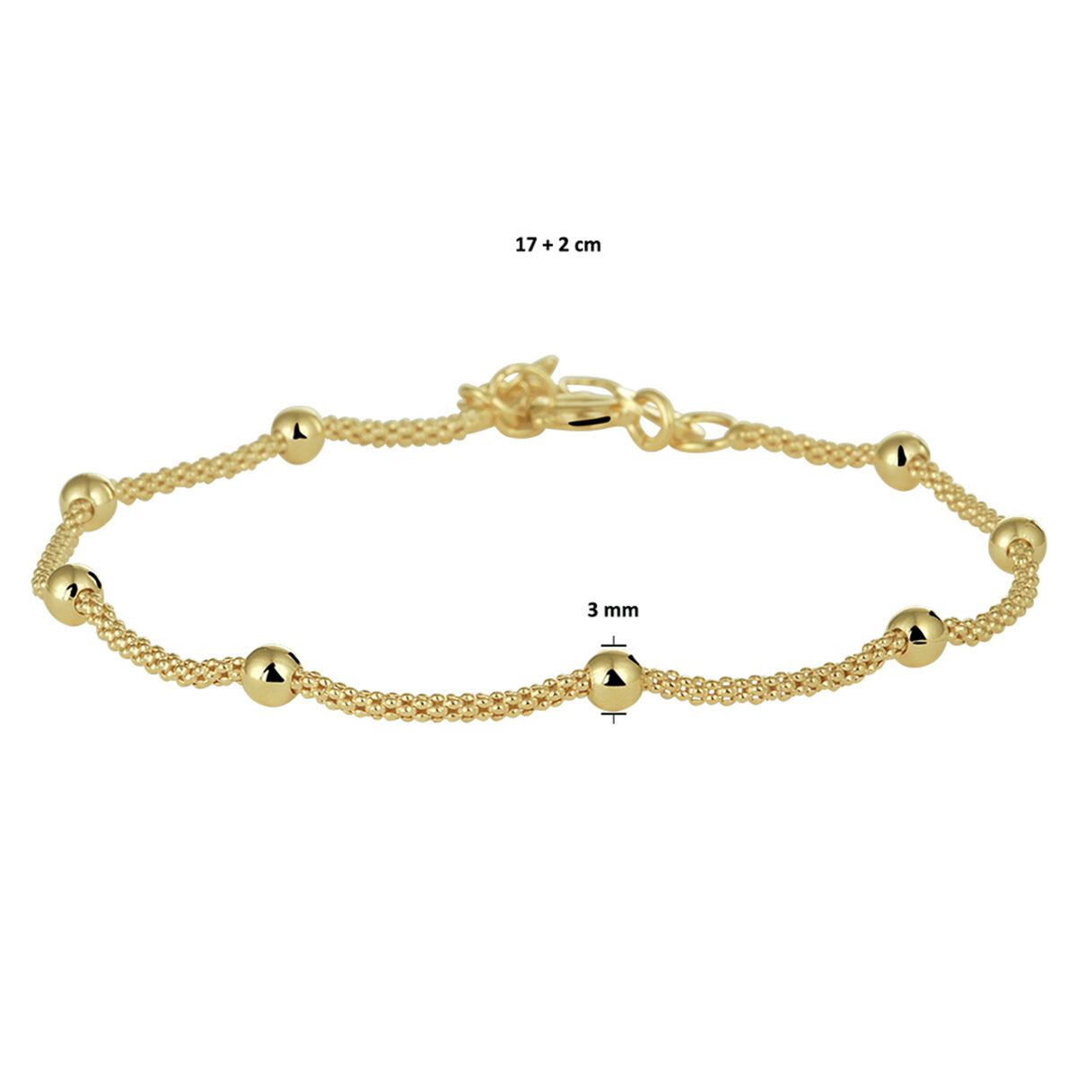 pulsera bolitas 3,0 mm 17 + 2 cm 3 micrones plata chapado en oro amarillo