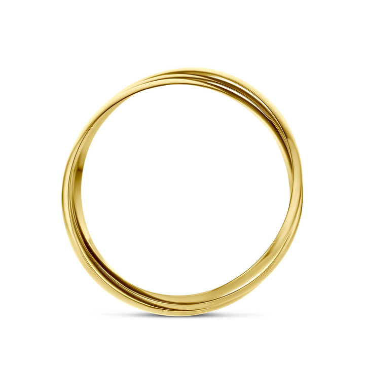 De Van der Kooij Collectie trinity ringen 14K geelgoud is een elegante damesring met een gepolijst, subtiel gedraaid design, prachtig gepresenteerd op een effen witte achtergrond.