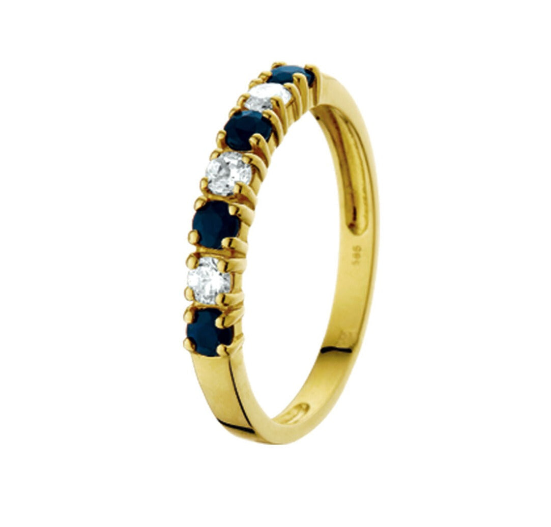 Anillo de oro amarillo de 14K con zafiros y circonitas brillantes.