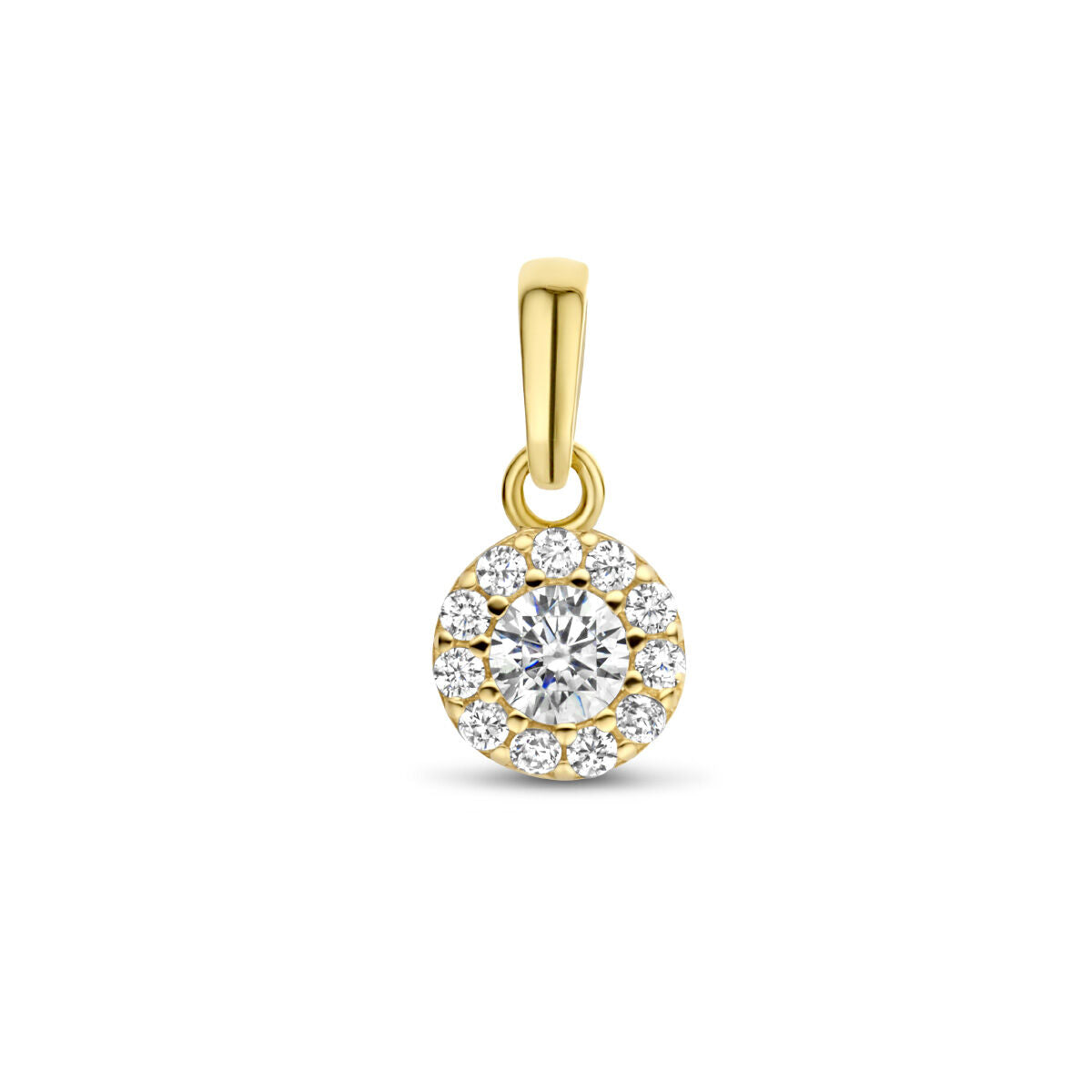 Colgante de zircón halo en oro amarillo de 14 quilates con piedra central y circonitas alrededor.