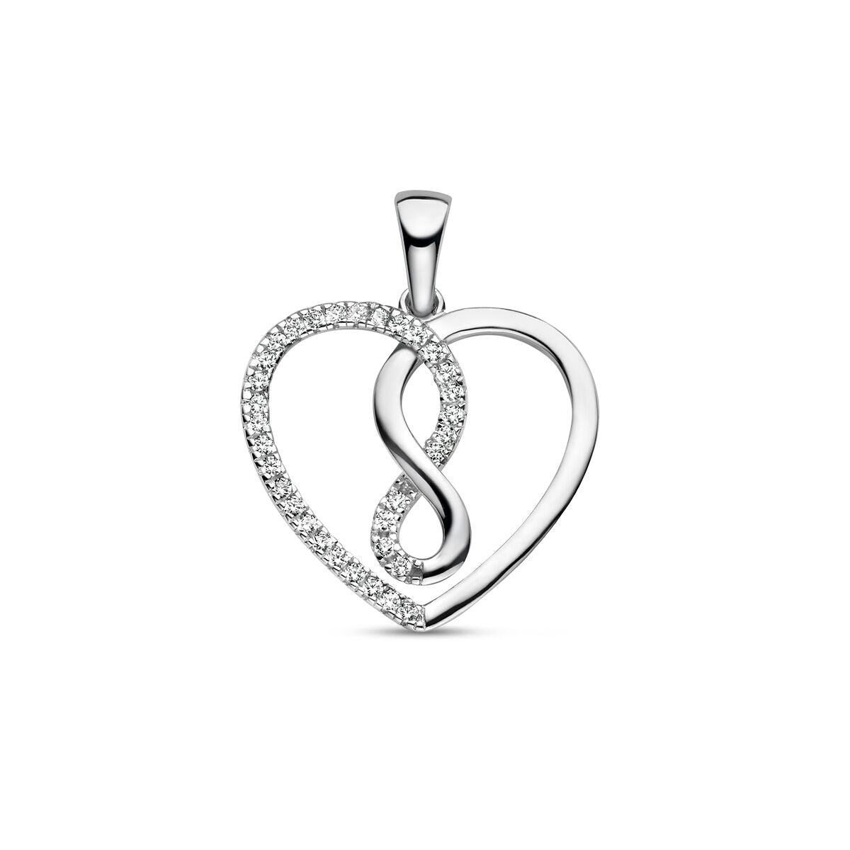 Colgante en forma de corazón con símbolo de infinito, adornado con circonitas, en plata rodiada.