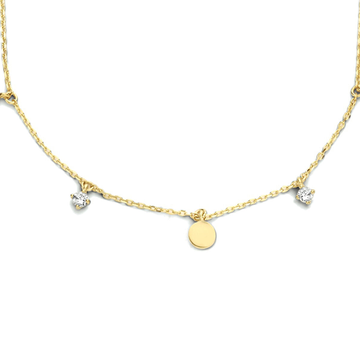 Collar de oro amarillo de 14K con círculos y zircóns, longitud ajustable de 40 a 44 cm.