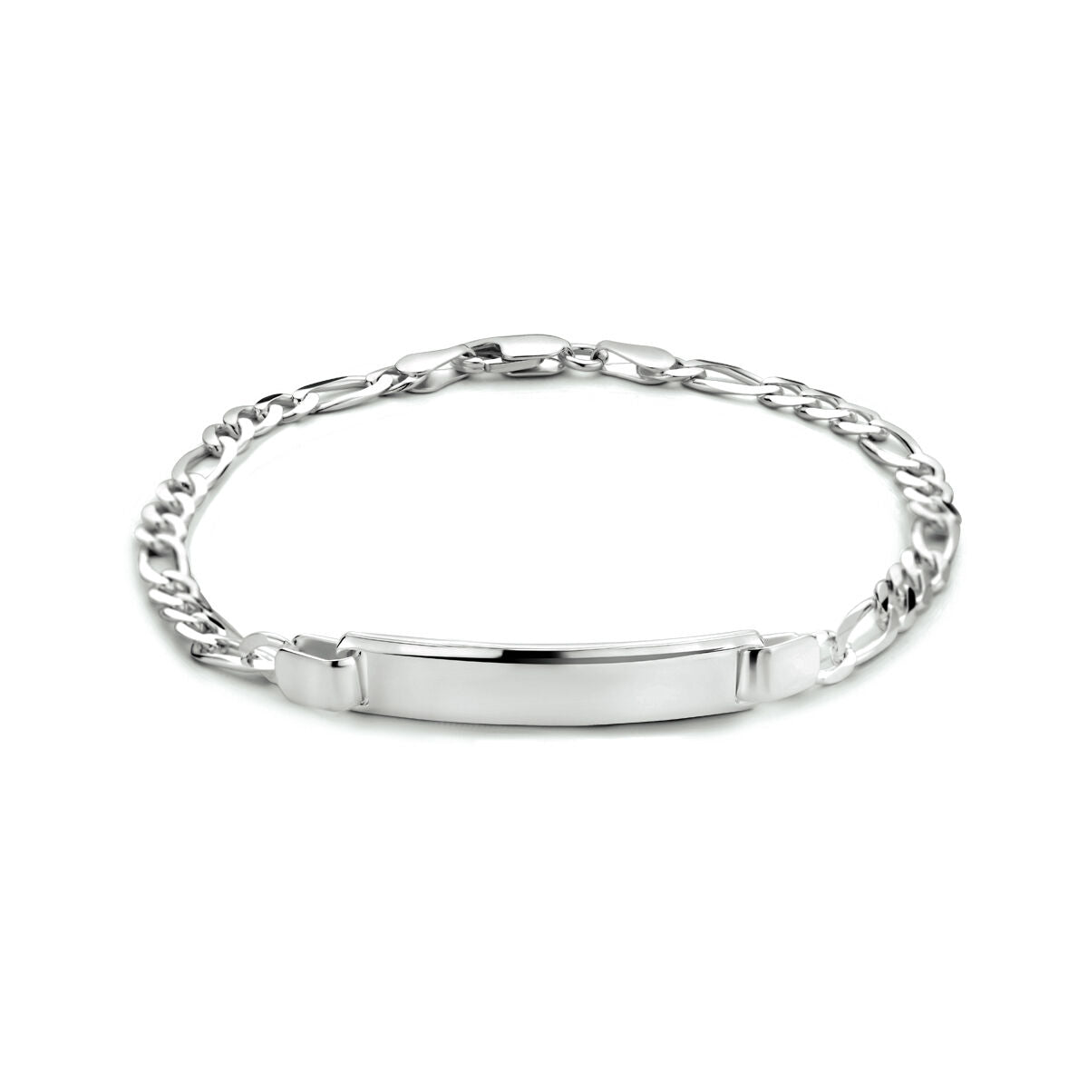 Pulsera de plata blanca con eslabones figaro y placa para grabado de 19 cm.