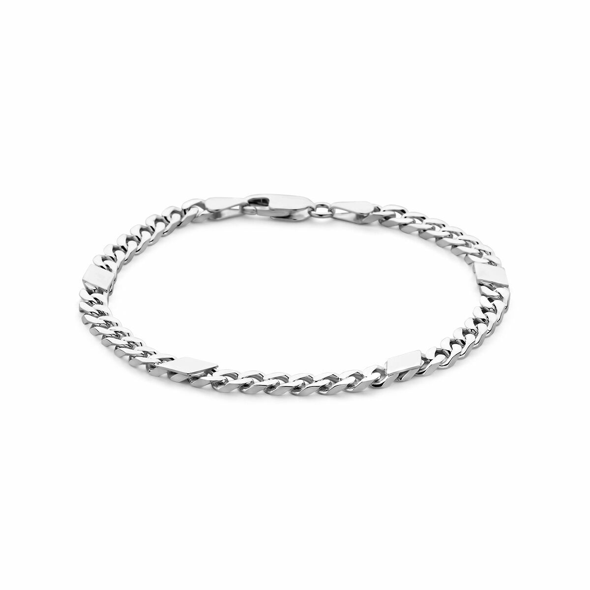 Pulsera gourmette de 21 cm con eslabones de 5,1 mm y detalles en plata blanca pulida.