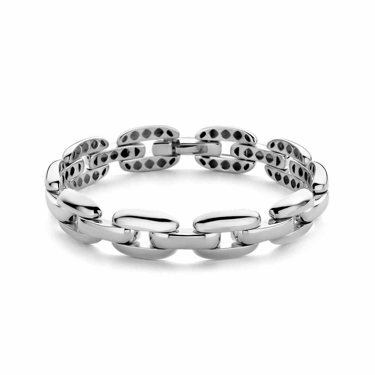 Pulsera de plata blanca de 11,8 mm de ancho y 19 cm de largo con eslabones decorativos.