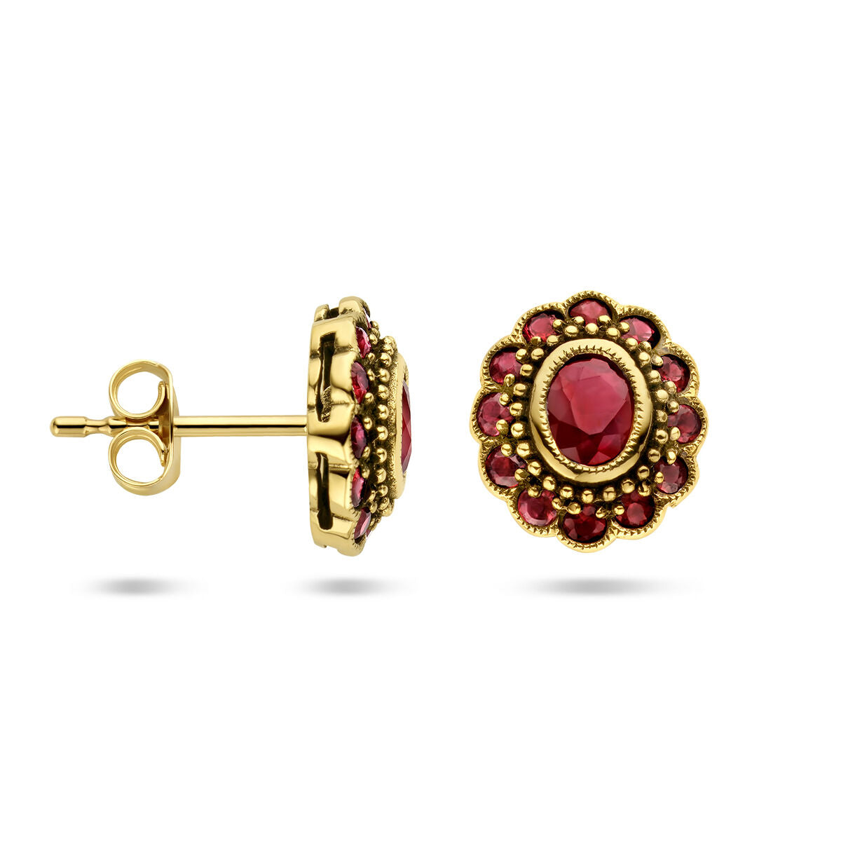 pendientes de botón rubí oro amarillo 14K