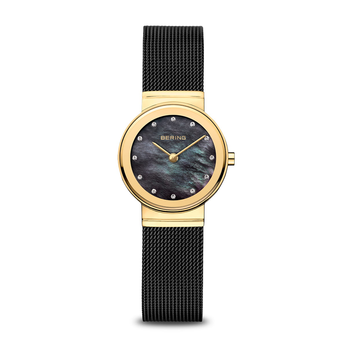 Reloj de mujer con esfera negra, caja dorada y correa de malla negra.