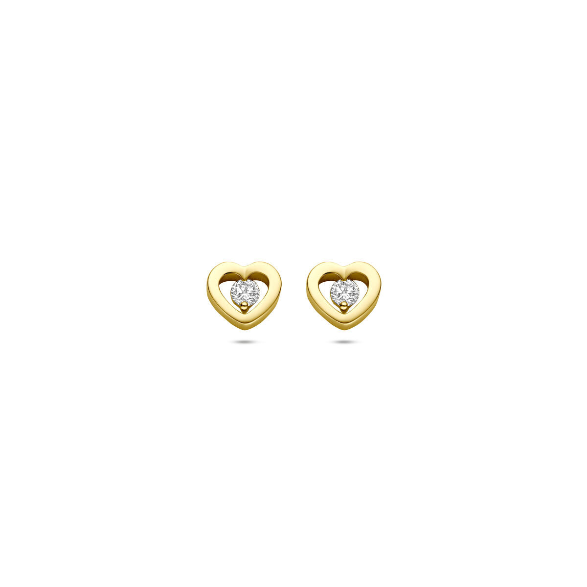 Pendientes de corazón en oro amarillo de 14k con diamante en el centro.