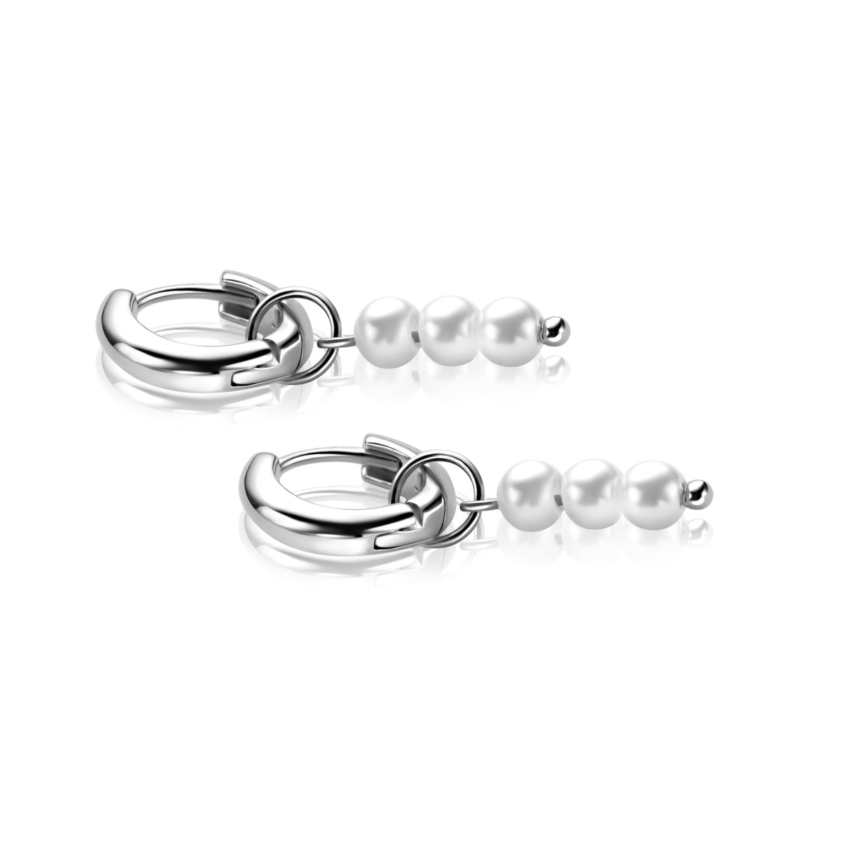 Een paar Zinzi oorbedels ZICH2734 van Zinzi, elk met drie witte parels op een rij, elegant gepresenteerd tegen een witte achtergrond.