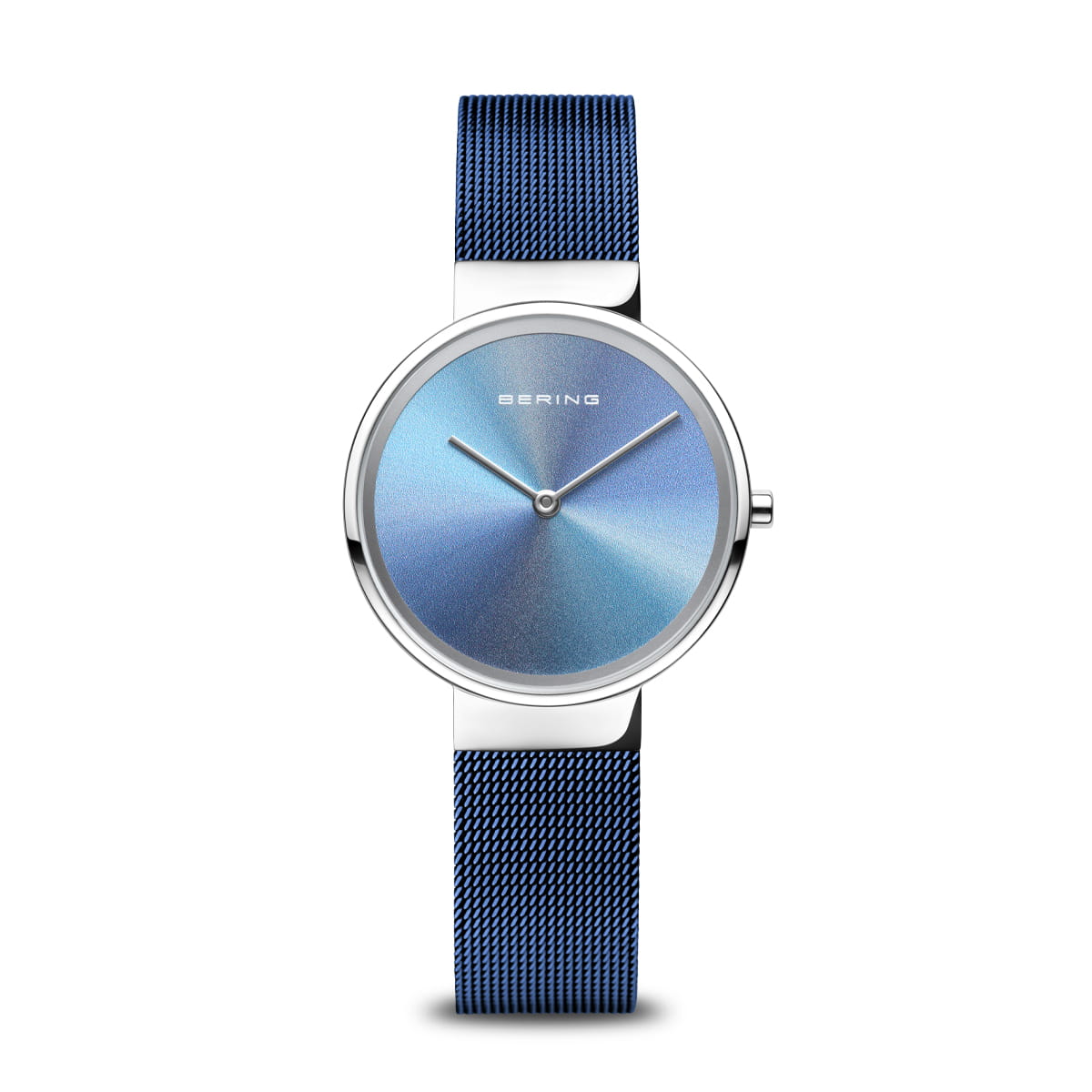Reloj de dama Bering con esfera azul degradada y correa de malla metálica plateada.
