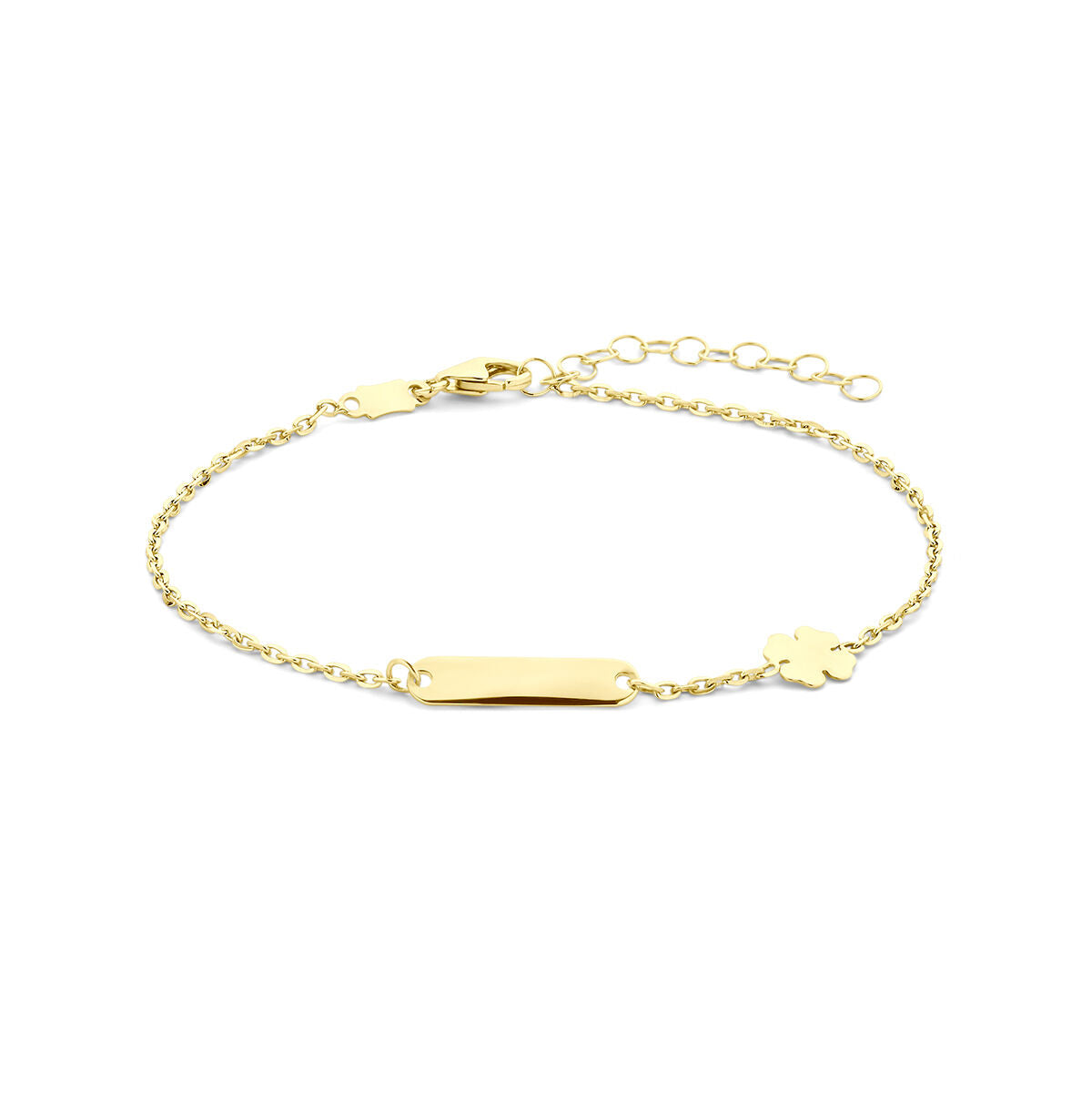 Pulsera de oro amarillo de 14K con placa para grabar y charm de trébol, longitud de 16 + 3 cm.