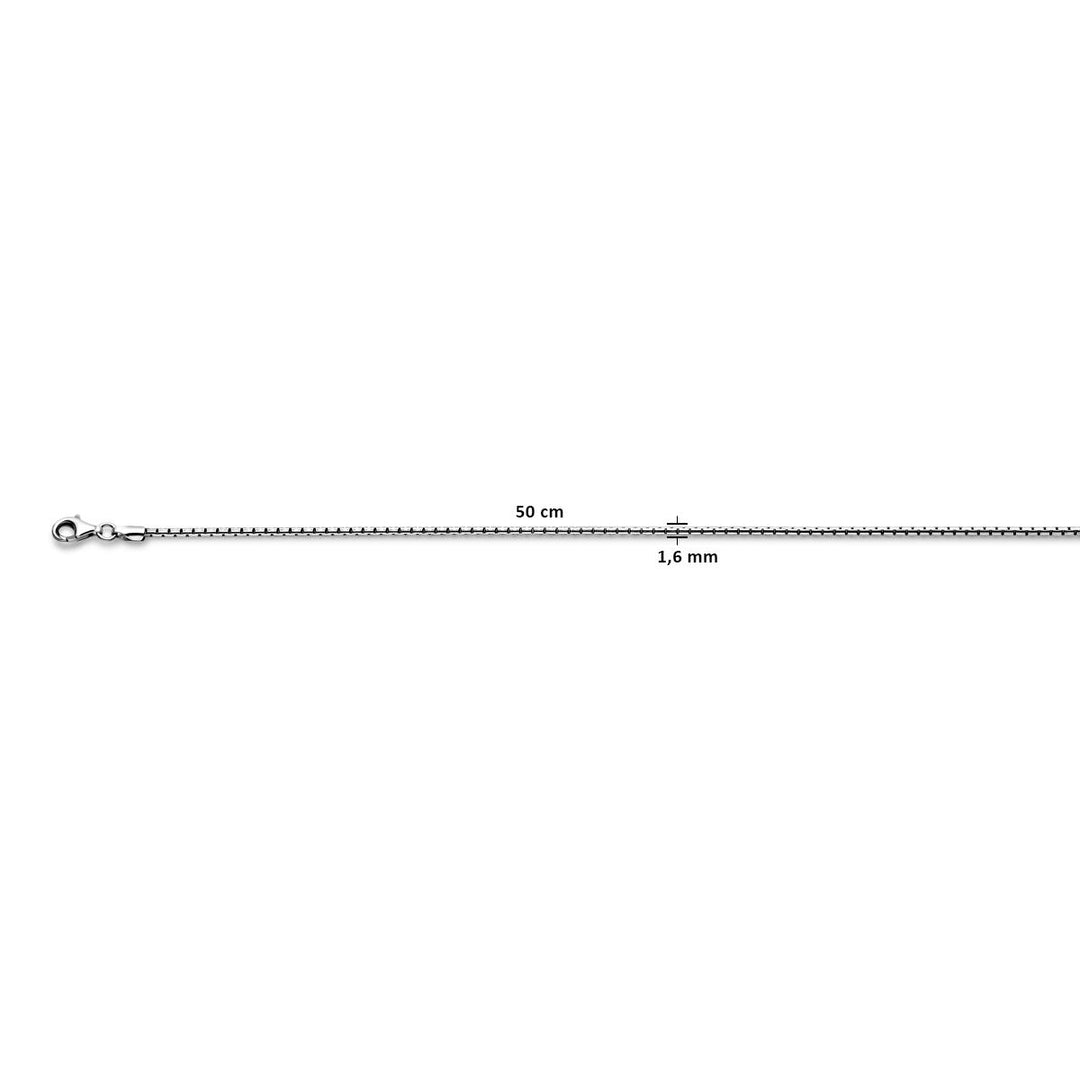 De Van der Kooij Collectie venetiaans 1,6 mm zilver geoxideerd heren ketting, 50 cm lang met karabijnsluiting, is vervaardigd uit geoxideerd 925 zilver en wordt getoond op een witte achtergrond met afmetingen.