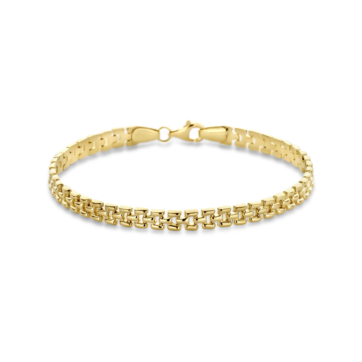 Pulsera de oro amarillo de 14K con diseño de eslabones de 5 mm y longitud de 19 cm.