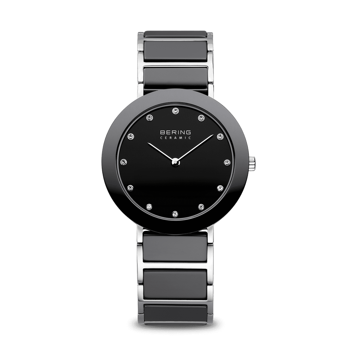 Reloj de cerámica negra con esfera negra y detalles brillantes, correa de acero inoxidable.