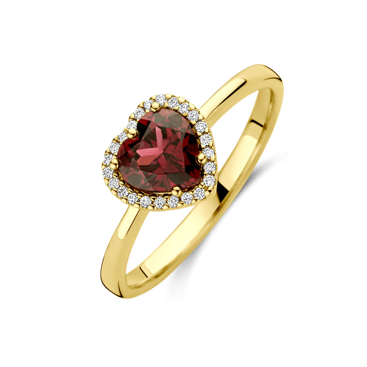 Anillo de corazón con rodolita rosa y diamantes de 0.06 ct, montura de oro amarillo de 14K.