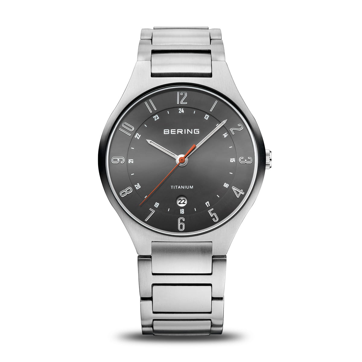 Reloj de hombre con caja de acero inoxidable, esfera gris y detalles en naranja.