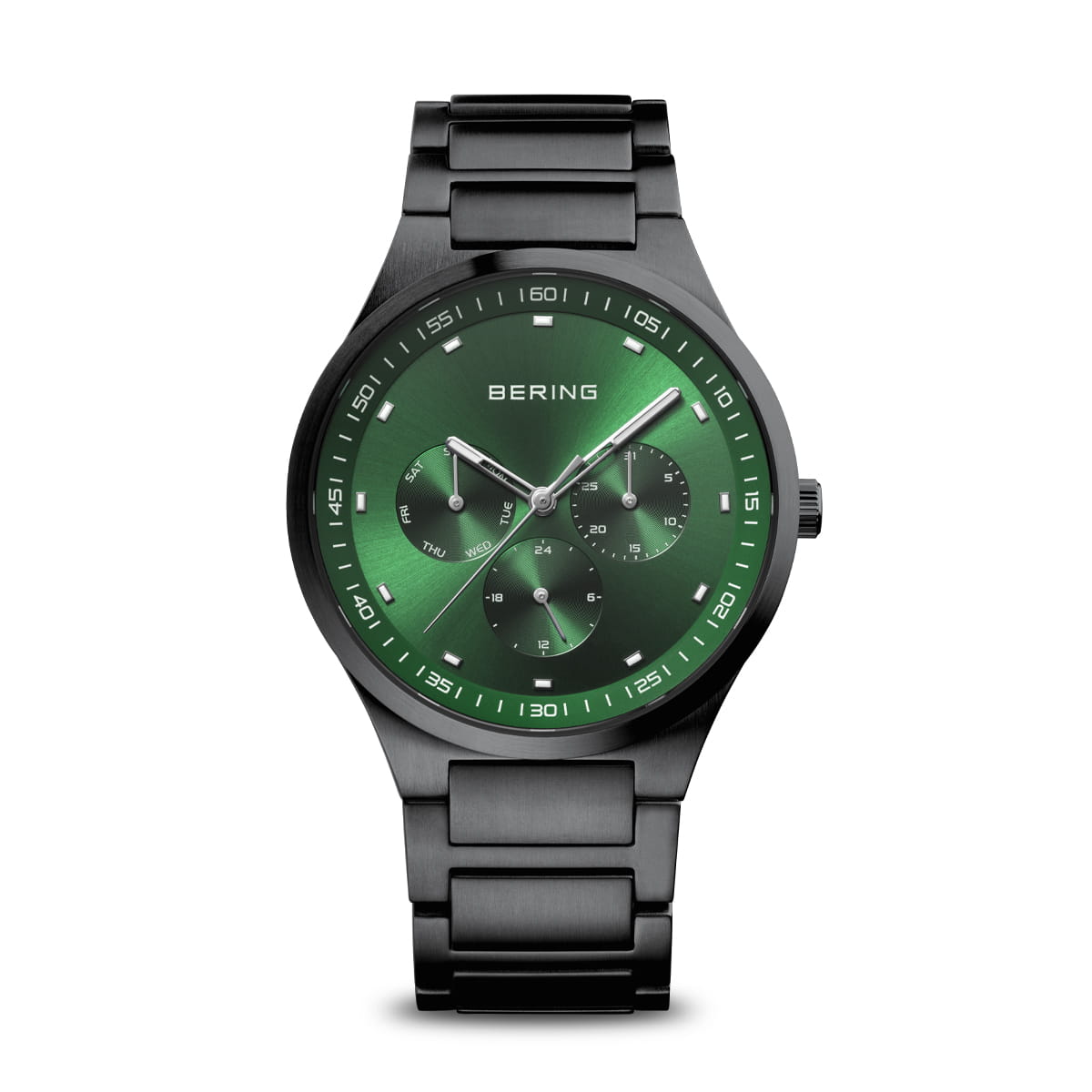 Reloj de hombre con esfera verde, caja y correa negra, detalles en plata y cronógrafo.