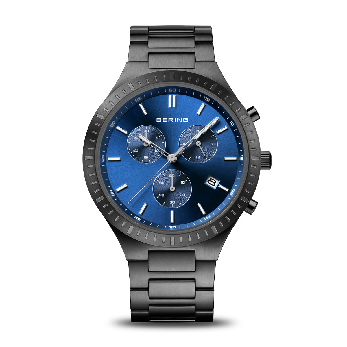 Reloj de acero negro con esfera azul, tres subesferas y fecha, correa de eslabones.