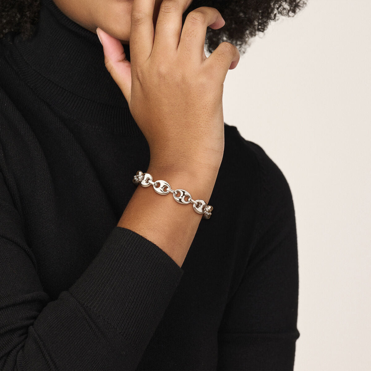 pulsera grano de café 11 mm 20 cm plata rodiada