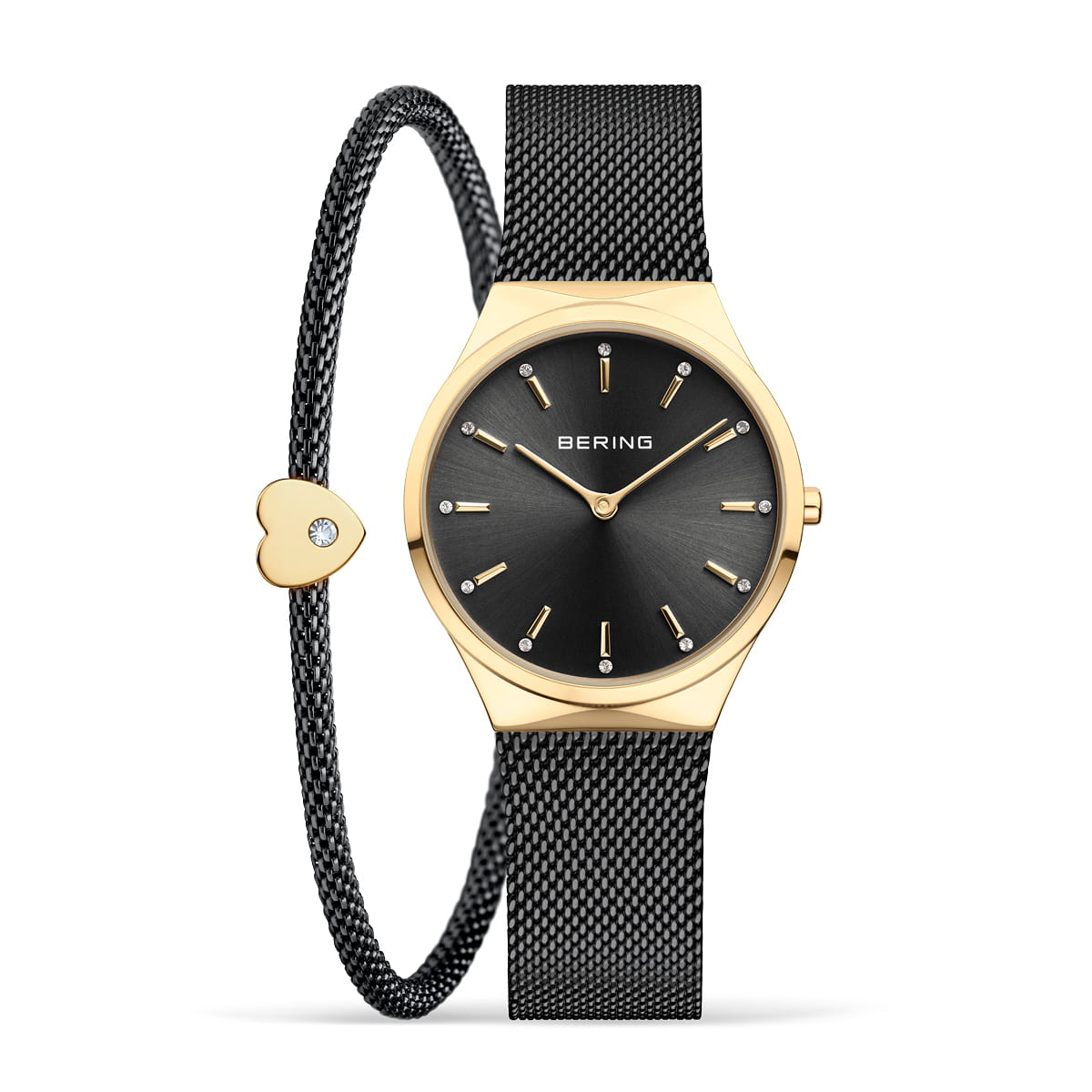 Reloj de mujer con esfera negra, correa de malla dorada y pulsera con detalle en forma de corazón.