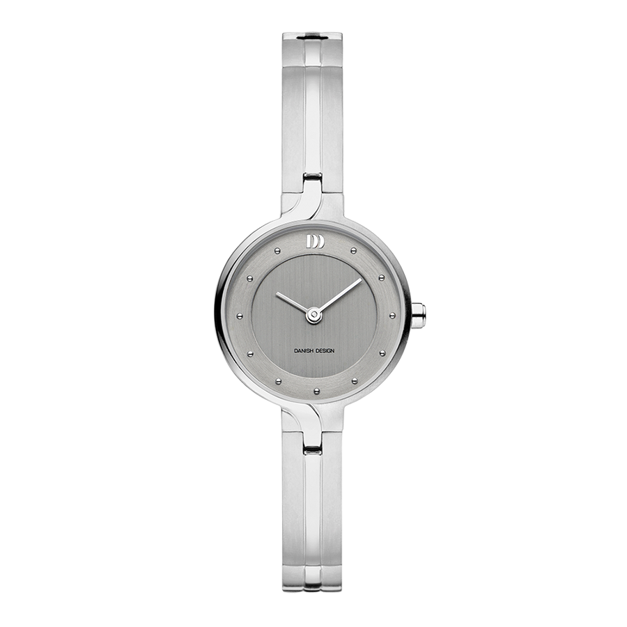 Reloj de esfera gris con correa de acero inoxidable y detalles minimalistas.