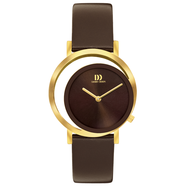 Reloj con esfera marrón, caja dorada y correa de cuero marrón.