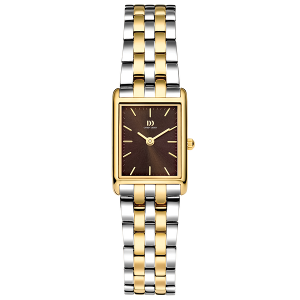 Reloj rectangular bicolor con esfera marrón y pulsera de acero inoxidable dorado y plateado.