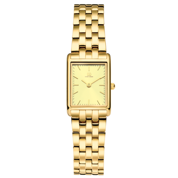 Reloj rectangular dorado con esfera amarilla y pulsera de eslabones.