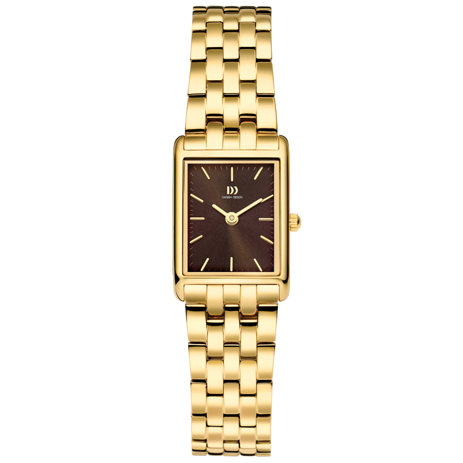 Reloj rectangular dorado con esfera marrón y pulsera de eslabones.