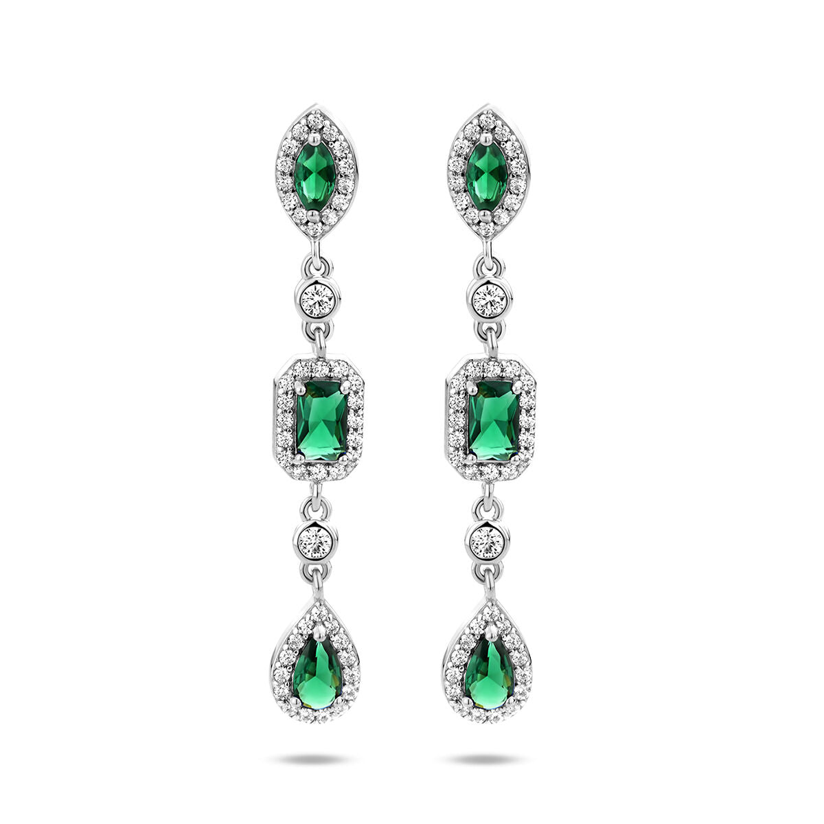Pendientes largos de zirconia blanca y verde, con acabado de plata rodiada y diseño en forma de gota.