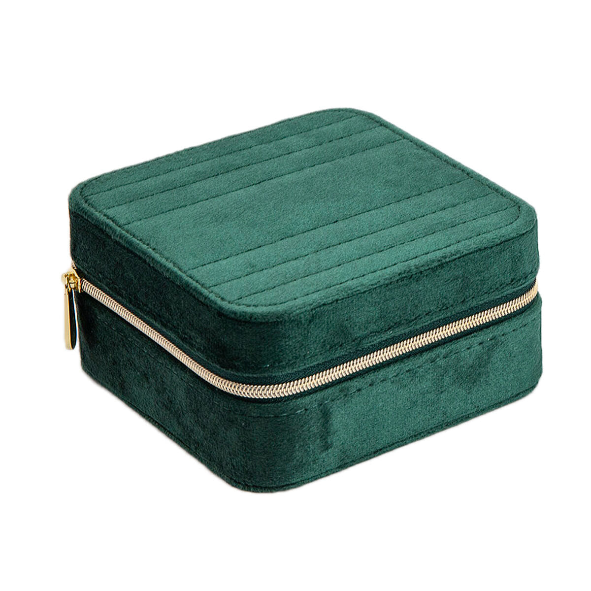 Caja de joyería verde con textura suave y cierre de cremallera dorada.