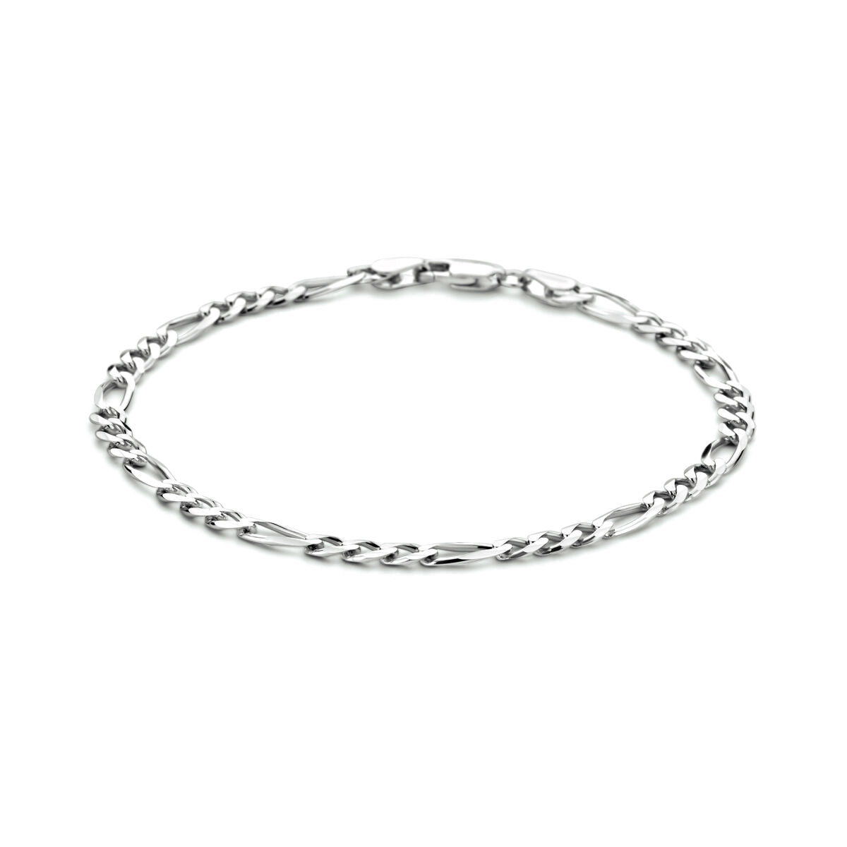 Pulsera figaro de 4,0 mm, 20 cm, en plata rhodinada con eslabones entrelazados.
