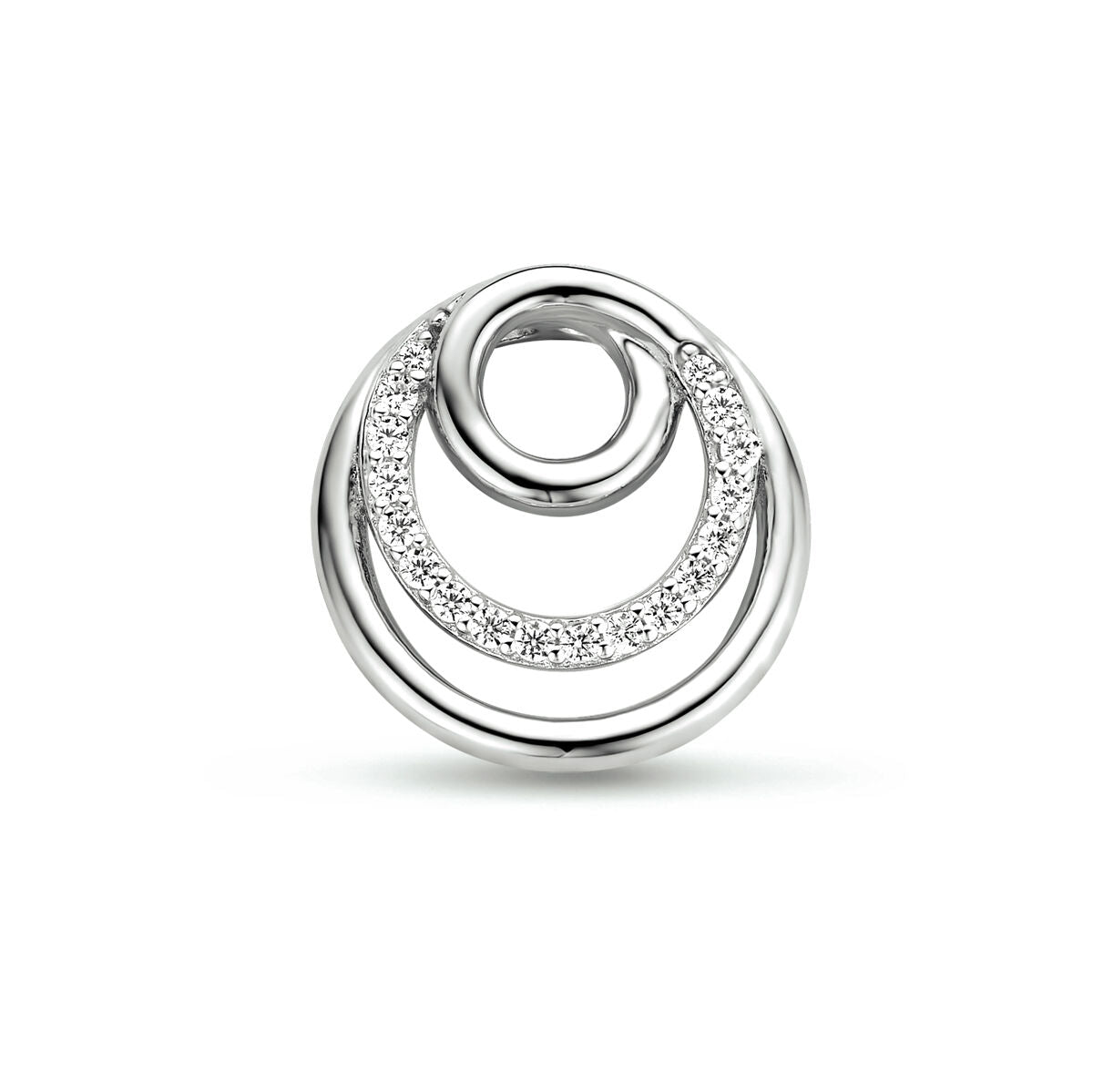 Colgante en forma de círculo de plata rodiada con zircóns brillantes.